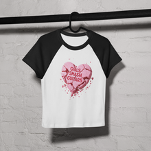 Load image into Gallery viewer, Girls Smash Guitars™ Broken Heart Raglan Baby Tee | Valentine’s Day Graphic Crop Top | Women’s Micro Rib Tee | Music Lover Shirt