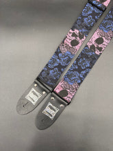 Load image into Gallery viewer, Pink Skulls and Indigo Blue Roses Woven Guitar Strap
