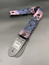 Load image into Gallery viewer, Pink Skulls and Indigo Blue Roses Woven Guitar Strap