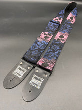 Load image into Gallery viewer, Pink Skulls and Indigo Blue Roses Woven Guitar Strap