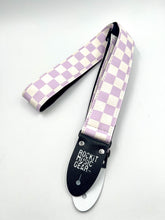 Load image into Gallery viewer, Checkered Guitar Strap Purple and White w/ Vegan Ends - Limited Edition