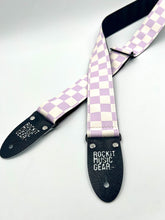 Load image into Gallery viewer, Checkered Guitar Strap Purple and White w/ Vegan Ends - Limited Edition