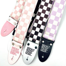 Load image into Gallery viewer, Checkered Guitar Strap Purple and White w/ Vegan Ends - Limited Edition