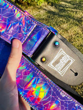 Load image into Gallery viewer, Shattered Mirror Purple Holographic Guitar Strap W/Rainbow Hardware