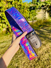 Load image into Gallery viewer, Shattered Mirror Purple Holographic Guitar Strap W/Rainbow Hardware