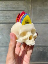 Load image into Gallery viewer, Realistic Bone White and Gold Tooth Mohawk Skull Guitar Pick Holder
