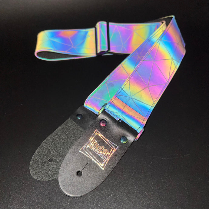 Reflective Holographic Gray Shatter w/ Rainbow Hardware Guitar Strap