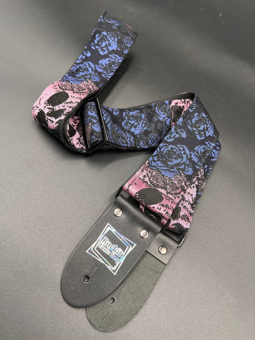 Pink Skulls and Indigo Blue Roses Woven Guitar Strap