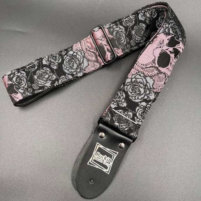 Pink Skulls and Gray Roses Woven Limited Edition Guitar Strap
