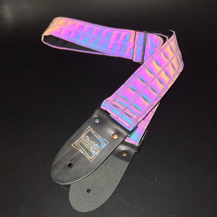 Reflective Holographic Gray Lattice w/ Rainbow Hardware Padded Guitar Strap