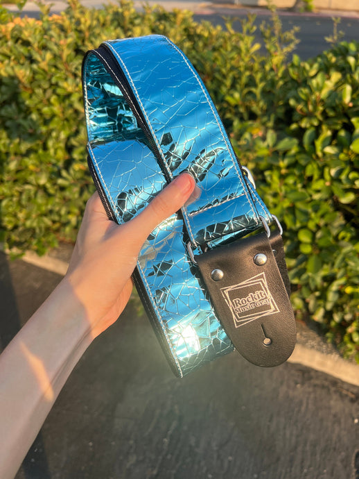 Teal Cracked Mirror Chrome Guitar Strap