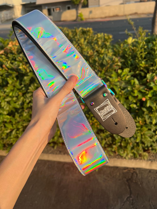 Holographic Silver Guitar Strap With Rainbow Hardware