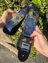 Load image into Gallery viewer, Skulls and Blue Roses Woven Guitar Strap
