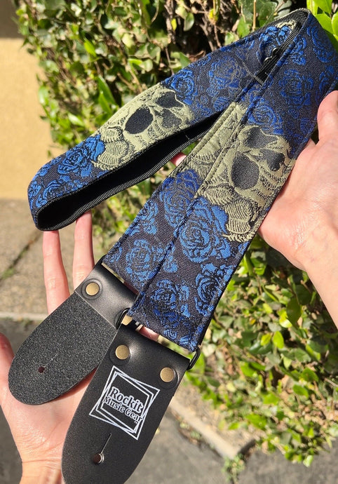 Skulls and Blue Roses Woven Guitar Strap