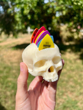 Load image into Gallery viewer, Realistic Bone White and Gold Tooth Mohawk Skull Guitar Pick Holder
