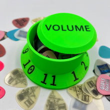 Load image into Gallery viewer, Oversized Neon Green Guitar Knob Pick Holder Container - Custom Text on Lid
