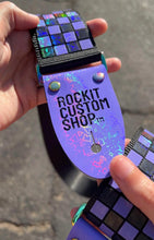 Load image into Gallery viewer, 3D Printed Guitar Strap Purple and Black Holographic Checkers
