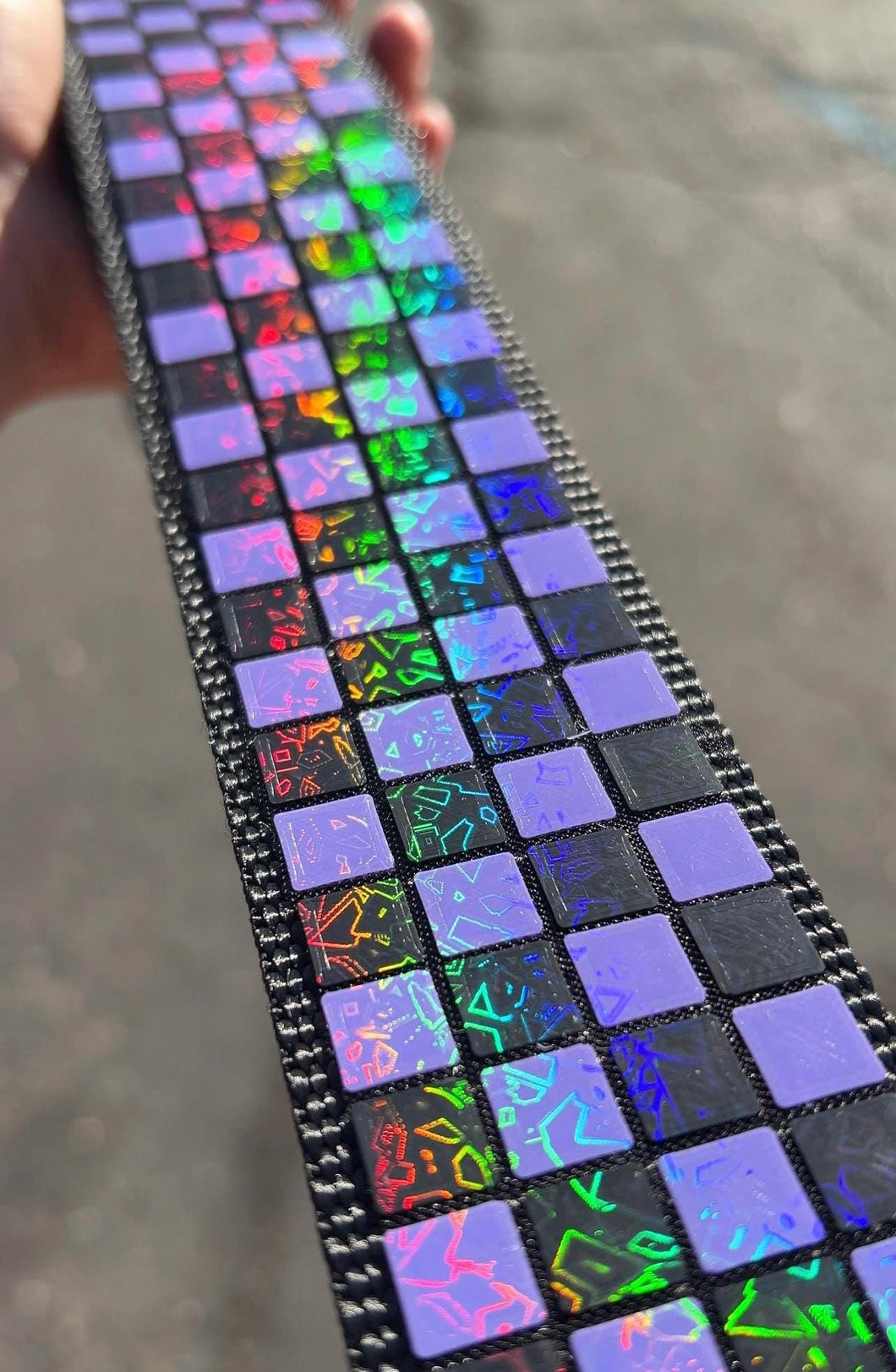 3D Printed Guitar Strap Purple and Black Holographic Checkers