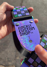 Load image into Gallery viewer, 3D Printed Guitar Strap Purple and Black Holographic Checkers
