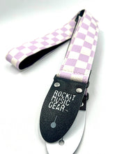 Load image into Gallery viewer, Checkered Guitar Strap Purple and White w/ Vegan Ends - Limited Edition
