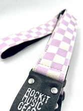 Load image into Gallery viewer, Checkered Guitar Strap Purple and White w/ Vegan Ends - Limited Edition
