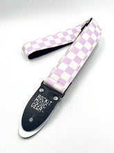 Load image into Gallery viewer, Checkered Guitar Strap Purple and White w/ Vegan Ends - Limited Edition
