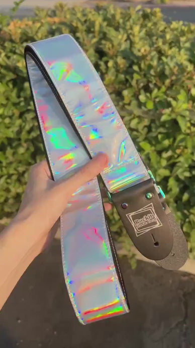Holographic Silver Guitar Strap With Rainbow Hardware