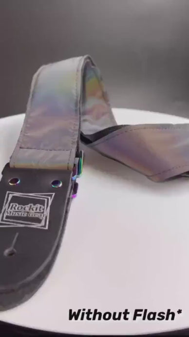 Reflective Holographic Gray Shatter w/ Rainbow Hardware Guitar Strap