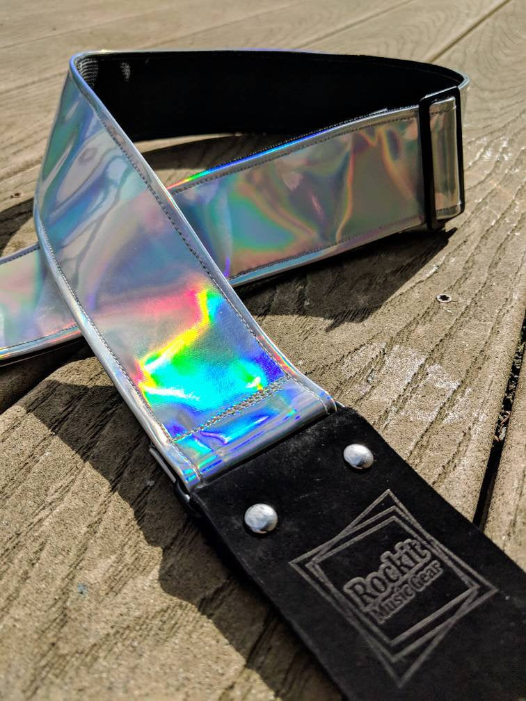 Holographic Rainbow Silver Guitar Strap