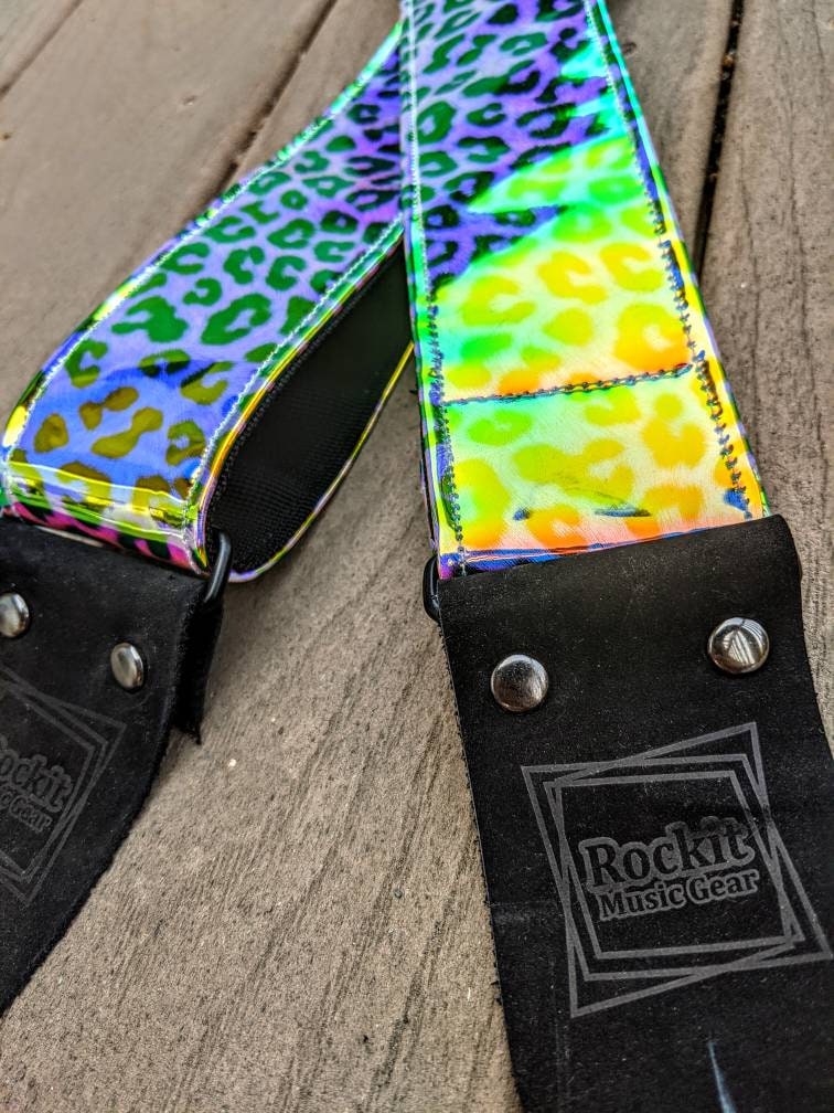 Holographic Cheetah Print Rainbow Guitar Strap