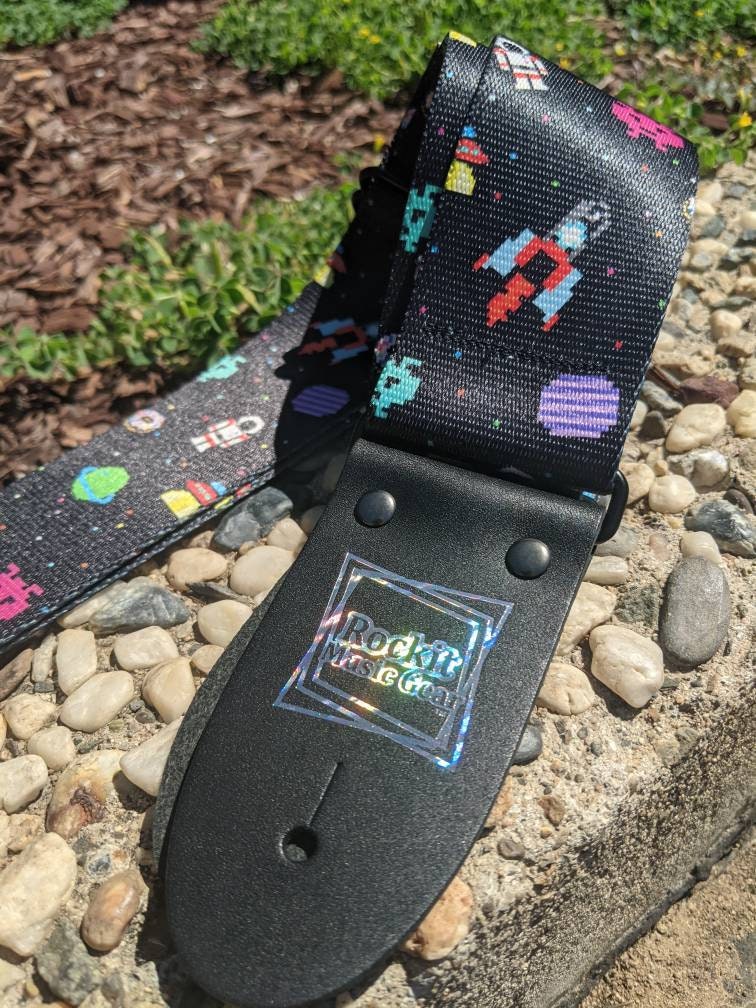 8Bit Space and donuts Black Handmade Guitar Strap