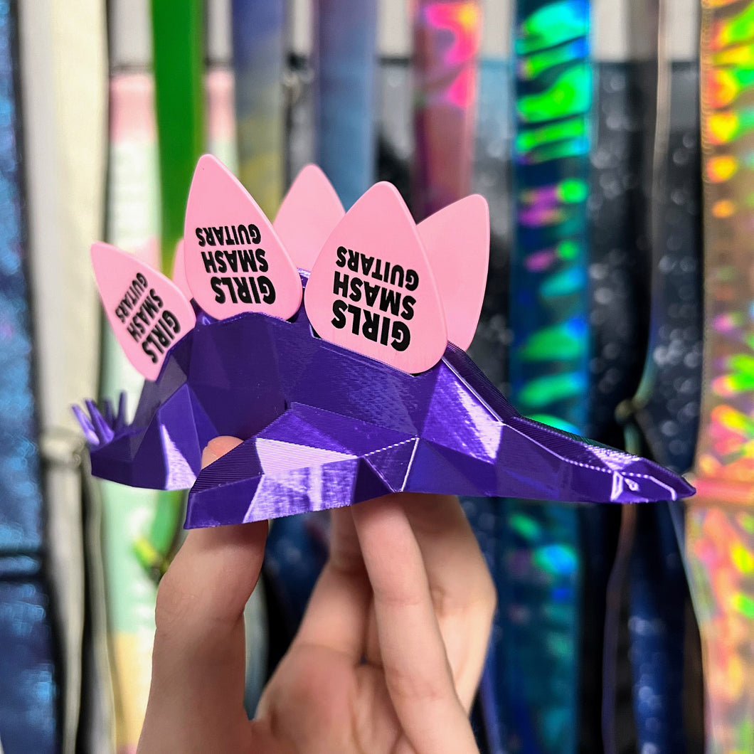 3D Printed Stegosaurus Guitar Pick Holder Purple Silk