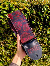 Load image into Gallery viewer, Roses And Skulls Navy, Black and Red 3 Inch Bass or Guitar Woven Strap Vegan
