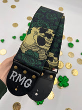 Load image into Gallery viewer, Roses And Skulls Green and Gold 3 Inch Bass or Guitar Woven Strap Vegan
