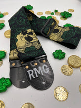 Load image into Gallery viewer, Roses And Skulls Green and Gold 3 Inch Bass or Guitar Woven Strap Vegan
