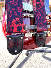 Load image into Gallery viewer, Roses And Skulls Navy, Black and Red 3 Inch Bass or Guitar Woven Strap Vegan
