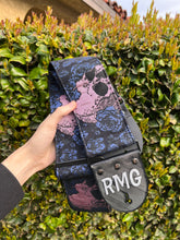 Load image into Gallery viewer, Roses And Skulls Pink and Purple 3 Inch Bass or Guitar Woven Strap Vegan
