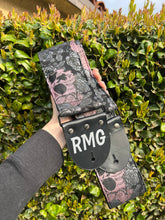 Load image into Gallery viewer, Roses And Skulls Pink and Black/Gray 3 Inch Bass or Guitar Woven Strap Vegan
