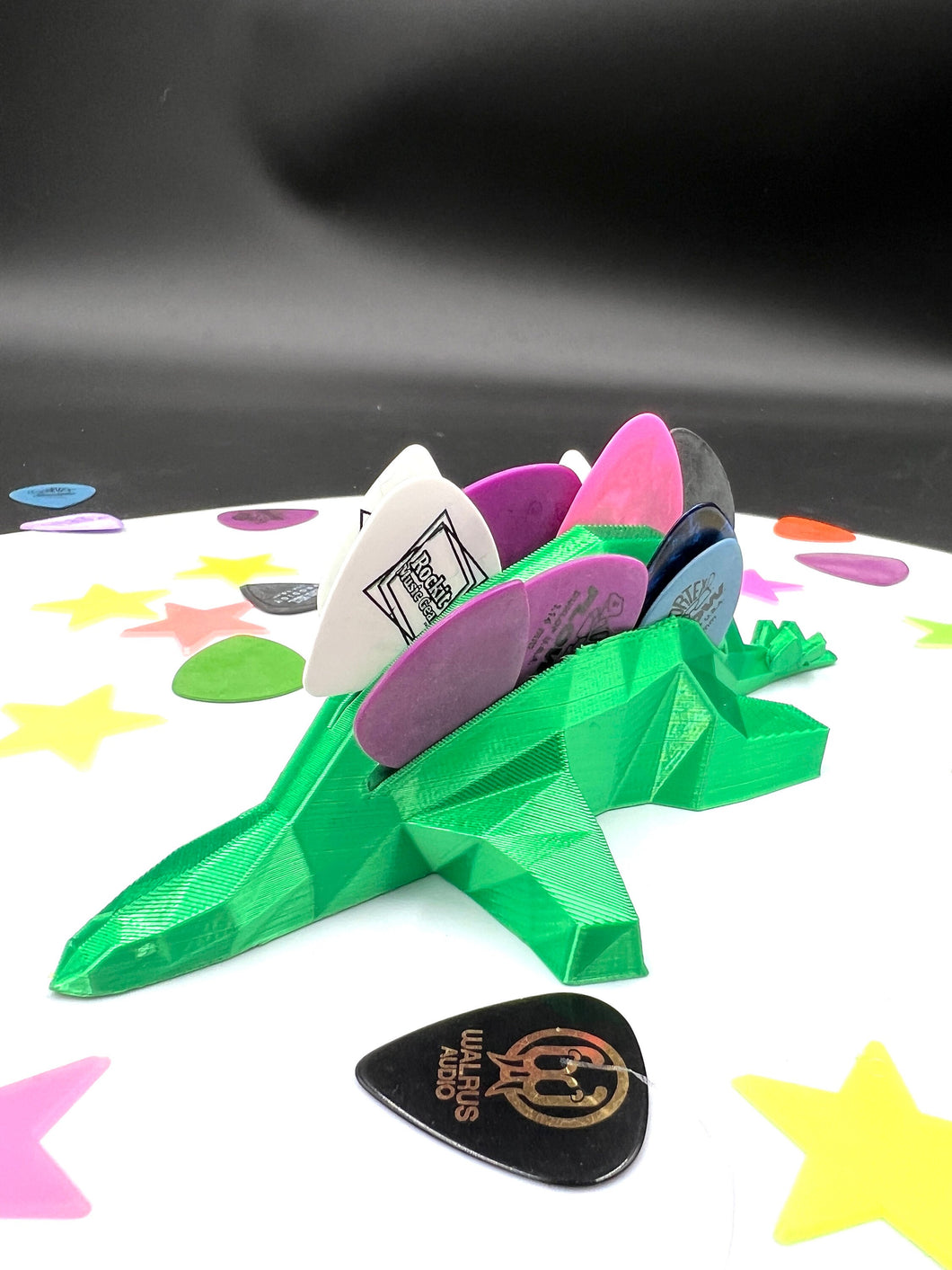 3D Printed Stegosaurus Guitar Pick Holder Green Silk