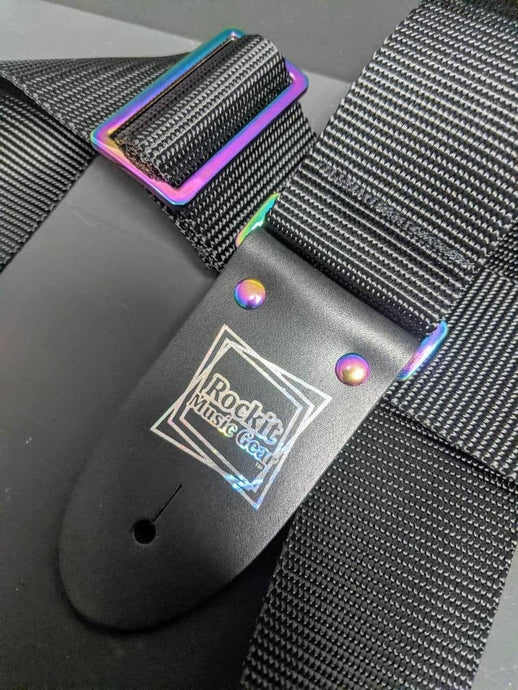 Black With Rainbow Chrome Hardware Rockit Music Gear Guitar Strap