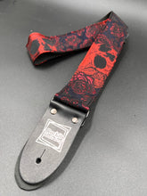 Load image into Gallery viewer, Roses And Skulls Navy, Black and Red Guitar Woven Strap
