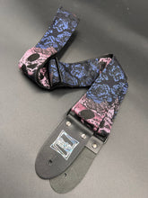 Load image into Gallery viewer, Pink Skulls and Indigo Blue Roses Woven Guitar Strap

