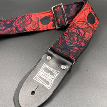 Load image into Gallery viewer, Roses And Skulls Navy, Black and Red Guitar Woven Strap

