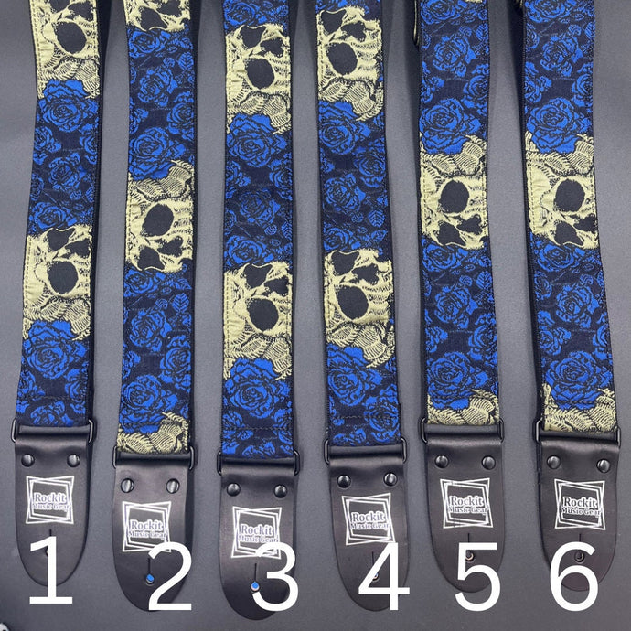 Skulls and Blue Roses Woven Guitar Strap