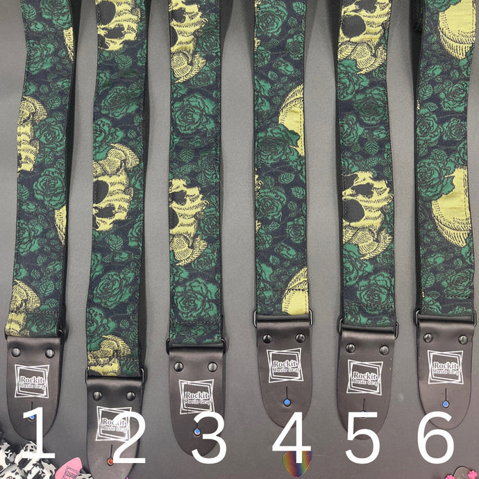 Gold Skulls and Green Roses Woven Limited Edition Guitar Strap
