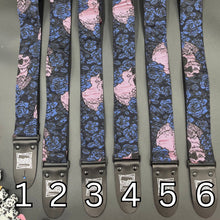 Load image into Gallery viewer, Pink Skulls and Indigo Blue Roses Woven Guitar Strap
