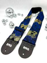Load image into Gallery viewer, Gold Skulls and Blue Roses Jacquard Bass Strap 3” Wide
