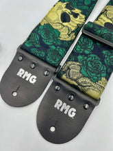 Load image into Gallery viewer, Gold Skulls and Green Roses Jacquard Bass Strap 3” Wide

