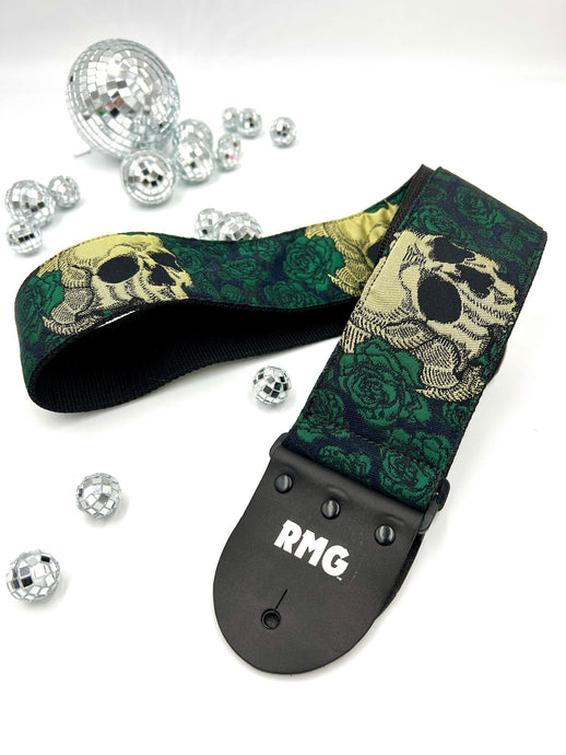 Gold Skulls and Green Roses Jacquard Bass Strap 3” Wide
