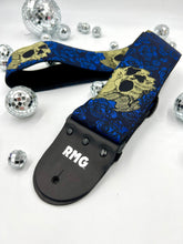 Load image into Gallery viewer, Gold Skulls and Blue Roses Jacquard Bass Strap 3” Wide
